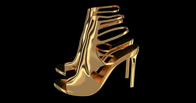 Golden high heels semi-closed-toe shoes with open heel and closed instep. Heel is tall where the foot being significantly higher off the ground than the wearer's toes. Alpha matte channel.