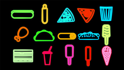 Neon bright glowing multicolored set of 15 icons of delicious food and snacks items for restaurant bar cafe: hot dog, pizza, chicken, ice cream, sandwich