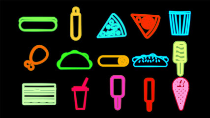 Neon bright glowing multicolored set of 15 icons of delicious food and snacks items for restaurant bar cafe: hot dog, pizza, chicken, ice cream, sandwich