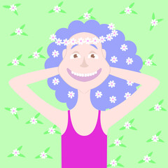 Fototapeta na wymiar Vector graphics - a pretty young woman with curly hair and a wreath of white flowers on her head smiling happily against the background of green grass. Concept-summer