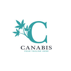 Letter C Green Canabis Logo Alphabet With Medical Marijuana Leaf. Usable for Business, Science, Healthcare, Medical and Nature Logos.