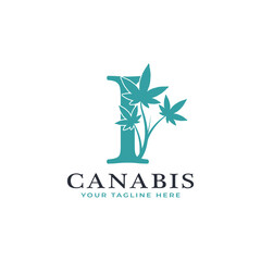 Letter I Green Canabis Logo Alphabet With Medical Marijuana Leaf. Usable for Business, Science, Healthcare, Medical and Nature Logos.