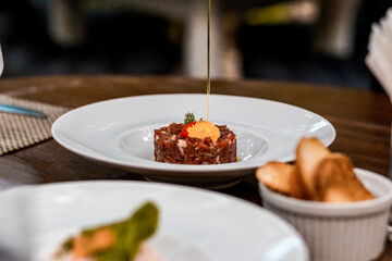 Delicious Tartare Menu Restaurant Eating Toast Oil Steak Tuna Kani Seafood Raw Food