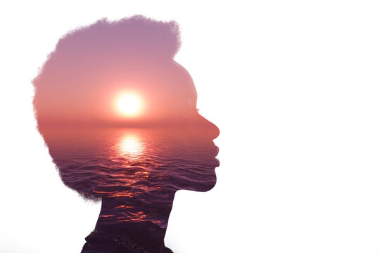 Multiple exposure image with sunrise and sea inside african american woman silhouette. Psychology concept.