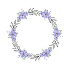 Obraz na płótnie Canvas circle frame with set of purple and blue floral watercolor, purple wreath