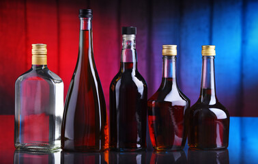 Bottles of assorted alcoholic beverages.