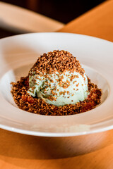 Delicious Ice Cream Dessert Close Up Basil Flavor Cashow Nuts Spoon Texture Menu Restaurant Gourmet...