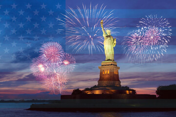 fireworks behind the statue of liberty for independence day, american flag in transparency - obrazy, fototapety, plakaty