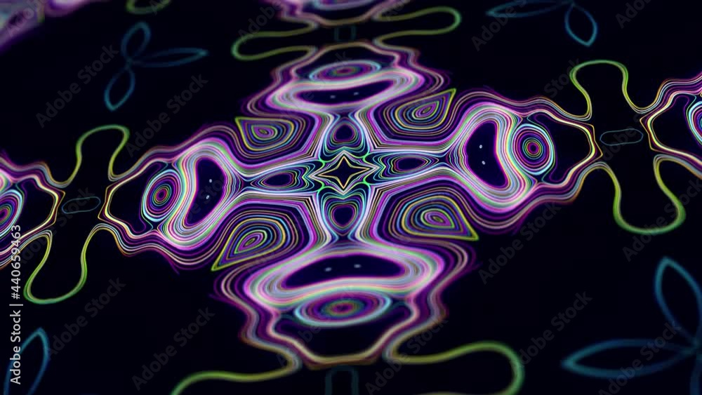 Poster pattern as flower or star. 4k abstract looped bg with grows rainbow colors lines pattern like symmet