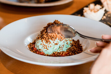 Delicious Ice Cream Dessert Close Up Basil Flavor Cashow Nuts Spoon Texture Menu Restaurant Gourmet Wooden Table