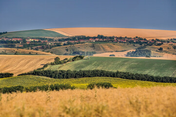 Fototapeta na wymiar widok na pola i wioskę latem. Morawy POłudniowe, Czechy