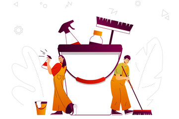 Cleaning company web concept. Cleaners team provides housekeeping services. People scene with flat line characters design for website. Vector illustration for social media promotional materials