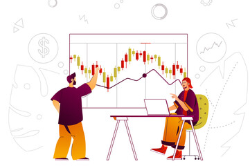 Stock market web concept. Team analyzing financial data graph, currency trading. People scene with flat line characters design for website. Vector illustration for social media promotional materials