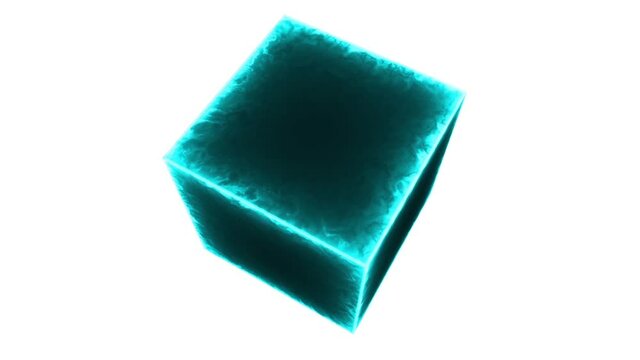 Animated colored neon fire cube. VJ loop video. VFX effects. Video footage for show and animation.  White background.