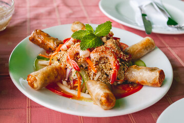 White plate with fried spring rolls and shrimps with vegetables in spicy sauce. Asian cuisine cafe.