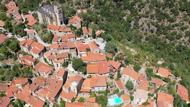 Panoramic view from above on the city Eus. Small town located on high mountain. Eastern Pyrenees. France. High quality 4k footage
