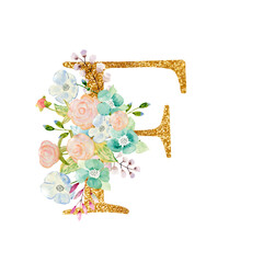 Watercolor floral bouquet and alphabet - gold letter F with flowers composition. Gold alphabet letter on white background.
