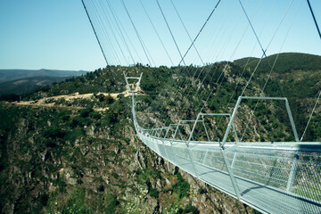View of the Arouca 516 suspension bridge above the Paiva River, Portugal.