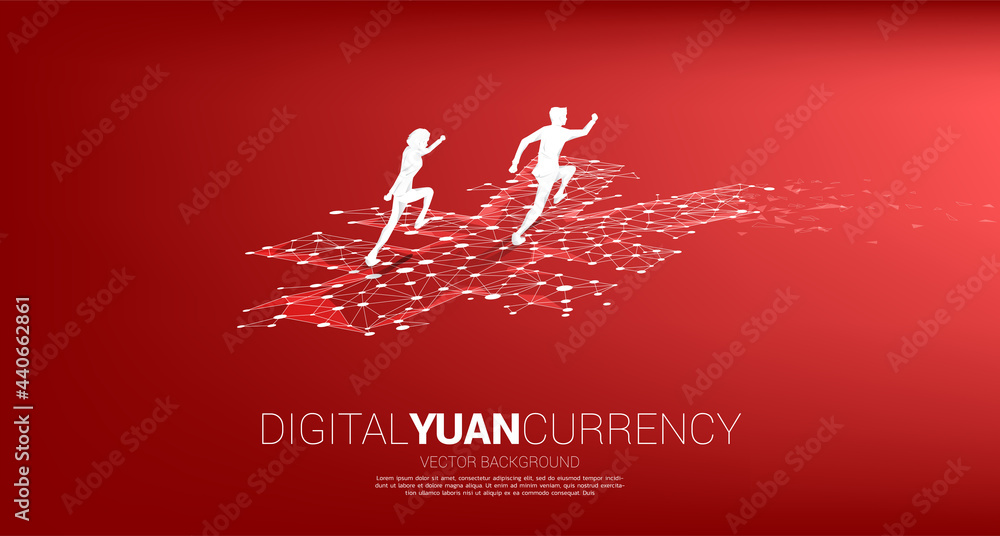 Poster silhouette of businessman running with money yuan dot line connect polygon. concept for digital yuan