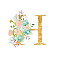 Watercolor floral bouquet and alphabet - gold letter H with flowers composition. Gold alphabet letter on white background.