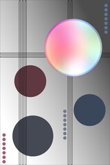 Abstract illustration featuring multi-colored and burgundy, blue and gray circles/spheres on gray background