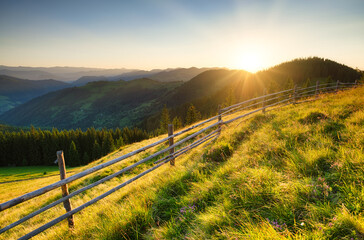 Fence on a mountain slope. Grass and flowers on mountain slopes. Summer landscape in the mountains during sunset. Clear sky and bright sunshine.