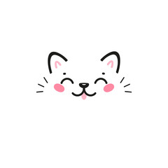 Little Cute Happy Cat Drawing for T-shirt Print Design for Kids . Doodle Kitten Face. Scandinavian Poster with Cartoon Kawaii Animal Vector illustration