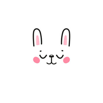 Cute Happy Bunny Drawing for T-shirt Print Design for Kids. Doodle Easter Rabbit Face. Scandinavian Poster with Cartoon Kawaii Animal Vector illustration