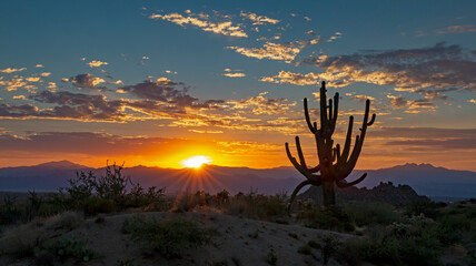 Vibrant Arizona Desert Landscape Sunrise With Cactus