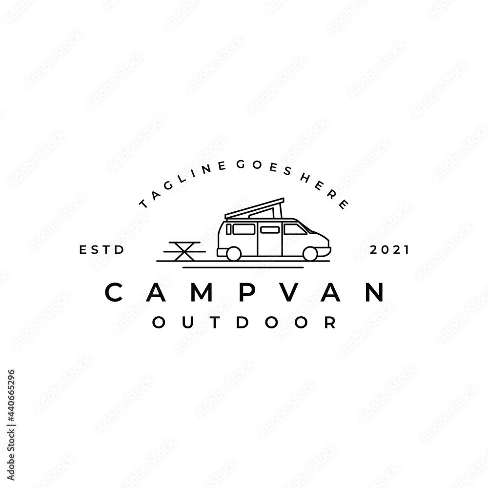 Wall mural Line art Camper van logo, emblems and badges. camping tent and forest silhouette. Recreational vehicle illustration