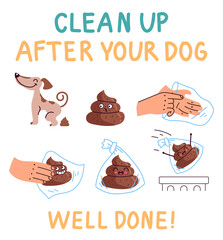 Clean up after your dog information instruction isolated set. Vector flat cartoon graphic illustration