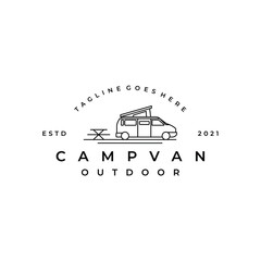 Line art Camper van logo, emblems and badges. camping tent and forest silhouette. Recreational vehicle illustration © Weasley99