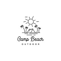 Line art summer beach camping recreation logo design
