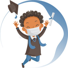 Fototapeta premium Black hair boy graduate. Kid mask jumping. illustration concept for prevention of coronavirus covid-19 outbreak