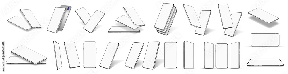 Leinwandbilder a large number of different smartphones mockups - perspective, frontal, isometric with white display