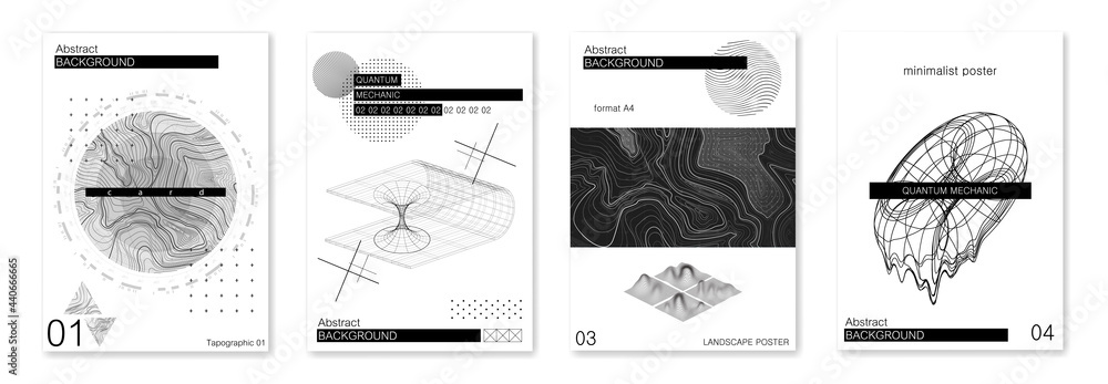 Aufkleber Sci-fi minimalist abstract posters format A4. Concept quantum mechanics, topographic maps, atoms and molecules. Futuristic posters with abstract shapes. Science posters in minimal style. Vector set 