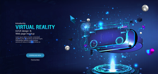 Futuristic VR glasses poster with HUD and virtual reality elements. AR and VR concept. Glasses augmentation headset in cyberspace. Helmer virtual and augmented reality. Vector illustration template