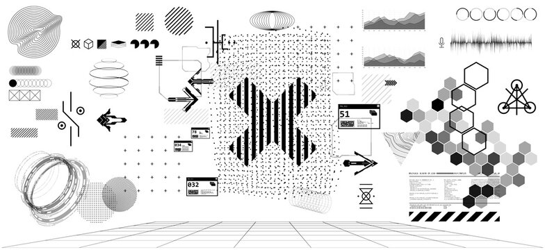 Black & white trendy futuristic elements collection with geometric shapes and forms. Cyberpunk graphic set. Minimalist elements for modern design. Merch, t-shirt, posters. Abstract vector graphic