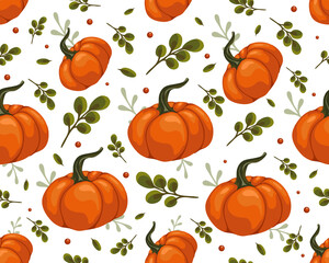 seamless pattern with colorful pumpkins, autumn berries, leaves on a transparent background, stylized vector graphics