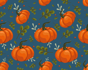 seamless pattern with colorful pumpkins, autumn berries, leaves, stylized vector graphics
autumn background, season, botanical, vegetable, useful, orange, green, red berries, harvest