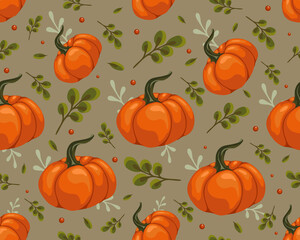 seamless pattern with colorful pumpkins, autumn berries, leaves, stylized vector graphics
autumn background, season, botanical, vegetable, useful, orange, green, red berries, harvest