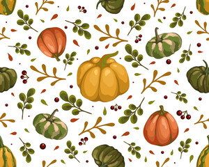 seamless pattern with colorful pumpkins, autumn berries, leaves on a transparent background, stylized vector graphics