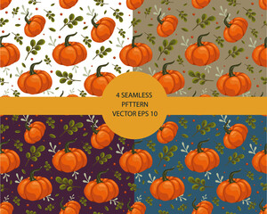 set with seamless pattern with colorful pumpkins, autumn berries, leaves, stylized vector graphics
autumn background, season, botanical, vegetable, useful, orange, green, red berries, harvest