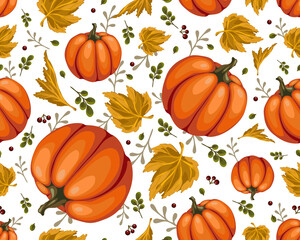 seamless pattern with colorful pumpkins, autumn berries, leaves on a transparent background, stylized vector graphics