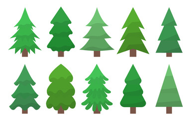 Trees in cold green shades vector flat. Symmetrical Christmas trees in real and abstract shapes. Spruce and pine, fir. Greeting card, winter holidays Christmas, New Year. Wrapping paper for gifts.