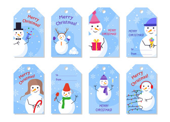 Snowmen set of stickers on white isolated background. Each sticker has a snowman in a hat, scarf, garland, confetti, ice cream, gift, snow. Greeting labels. Price. Merry Christmas. Vector flat style