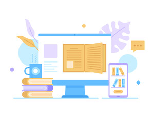 Online library. Vector illustration. E-books, education, reading books, digital library concepts