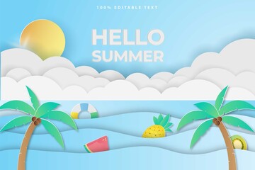 Summer sale banner in papercut style with editable text effect. Premium Vector