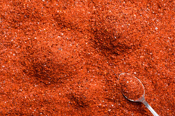 Red cayenne pepper, Chili flakes, Chili powder with spoon	
