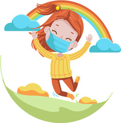 Red hair little girl mask jumping in the meadows clouds and rainbows streaked across the sky. concept during the coronavirus covid-19 outbreak.